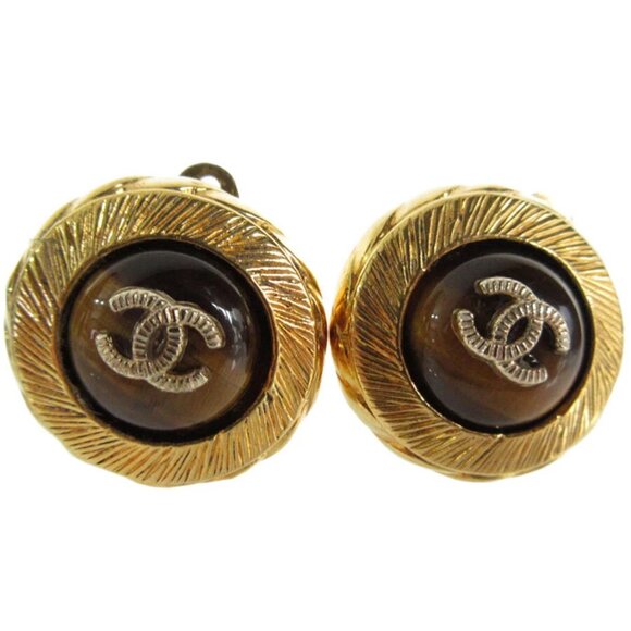 Auth CHANEL CC Logo Earrings Gold / brown metal/Stone s0572k - Picture 1 of 8